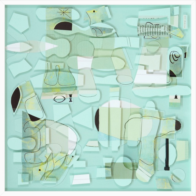 Over Tribune Bay, paper collage and pencil drawing on multiples of plexiglass, 31 x 31 inches framed, 2023