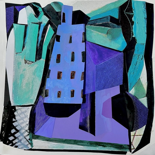 The Poetics of Space, 2024, relief wall sculpture. acrylic paint on paper collage, 17 x 17 inches (framed)