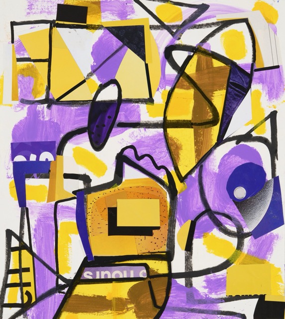 The Small Hours, 2024, Acrylic paint, marker and pencil drawing and acetate on paper collage, 12 x 14 inches (framed)