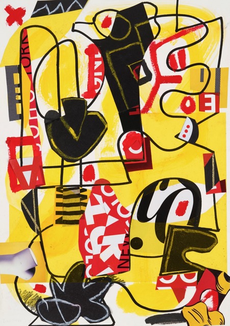 Kingdom Come, 2024, Acrylic paint, marker and pencil drawing and acetate on paper collage, 16.5 X 11.60 inches (framed)