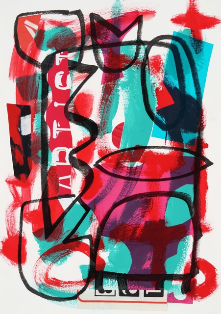 The Record Keeper , 2024, Acrylic paint, marker and pencil drawing and acetate on paper collage, 16.5 X 11.75 inches (framed)