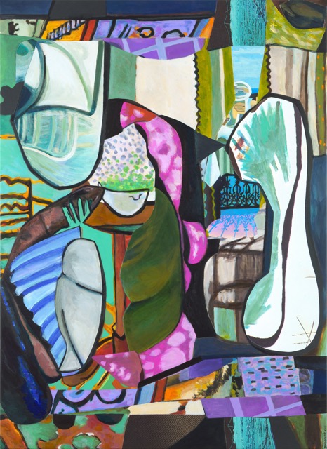 Poet in Summer Landscape, acrylic paint, archival ink and oil stick on canvas collage, 66 x 48 inches, 2023
