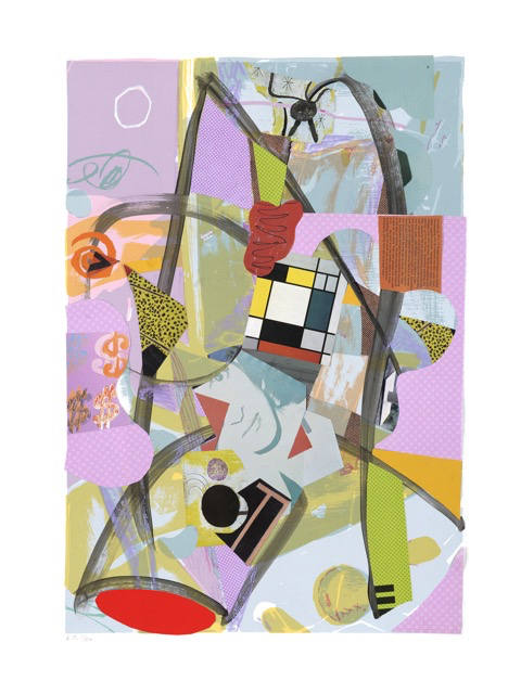 Une Semaine de Bont&eacute; Suite #7 (Sunday/dimanche), 30 x 22 inches, acrylic, paper collage on serigraph, 2019 