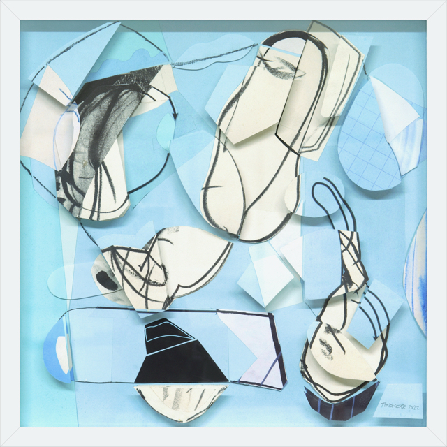 Blue Sky Day II, paper collage and drawing on plexi 17 x 17 inches framed 2022