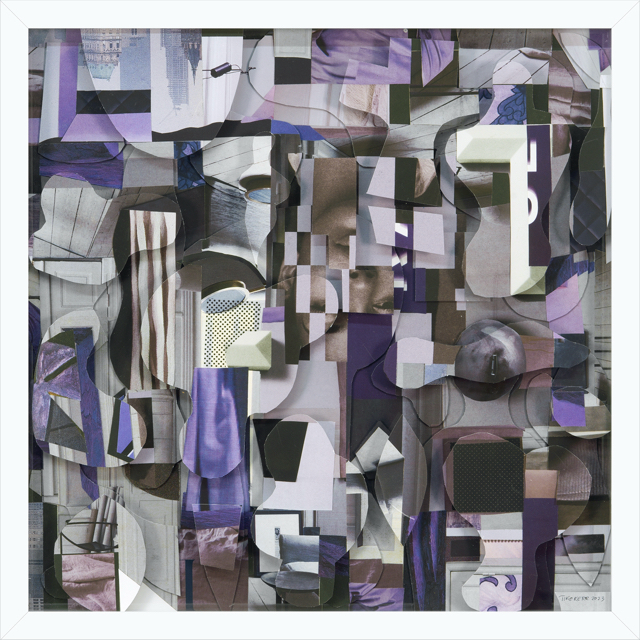 Violet Jungle, paper collage and drawing on plexi 17 x 17 inches framed 2023