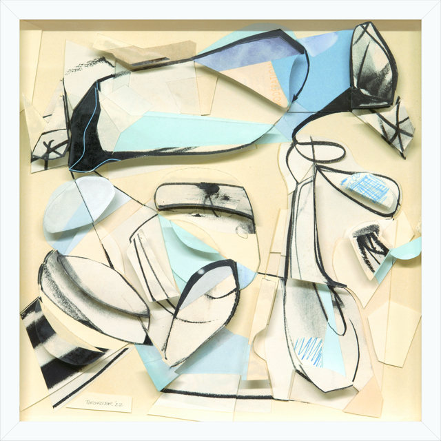 I Am What I Want II, paper collage and drawing on plexi 17 x 17 inches framed 2022