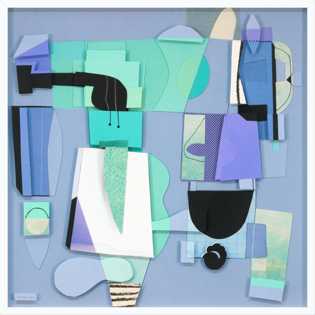 Mood Indigo, paper collage and drawing 31 x 31 inches framed 2023