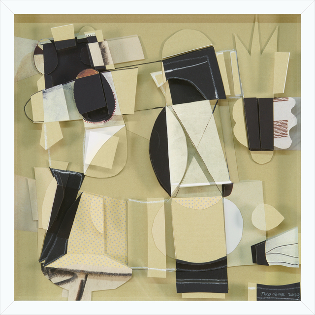 Sweet Dreams II, paper collage and drawing on plexi 17 x 17 inches framed 2023