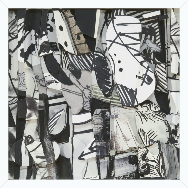 The Devil&rsquo;s Handshake II, paper collage and drawing on plexi 17 x 17 inches framed 2023